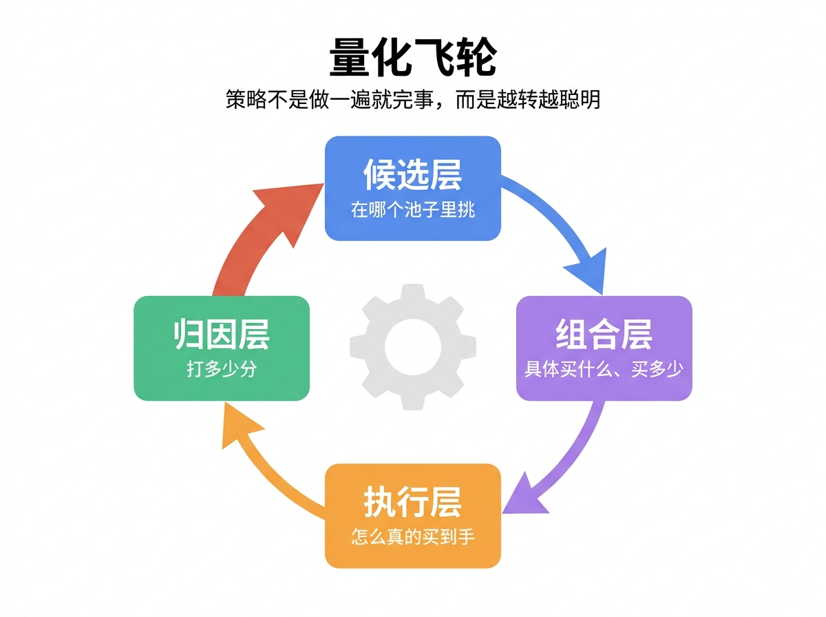 量化飞轮：候选 → 组合 → 执行 → 归因 → 反哺候选
